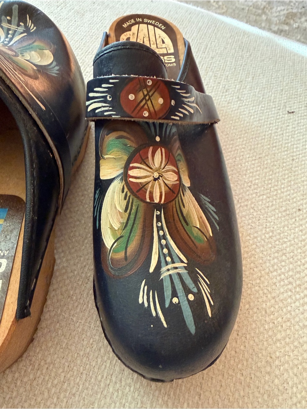 Hand-Painted Black Floral Leather Clog - Made in Sweden